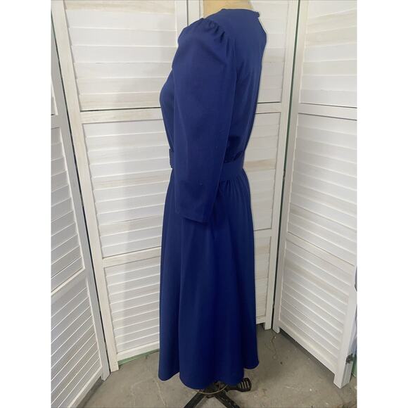 Vtg 80s Whirlaway Frocks Navy 3/4 Sleeves Pleated Belted Fit & Flare Dress Sz 10 - Picture 8 of 10